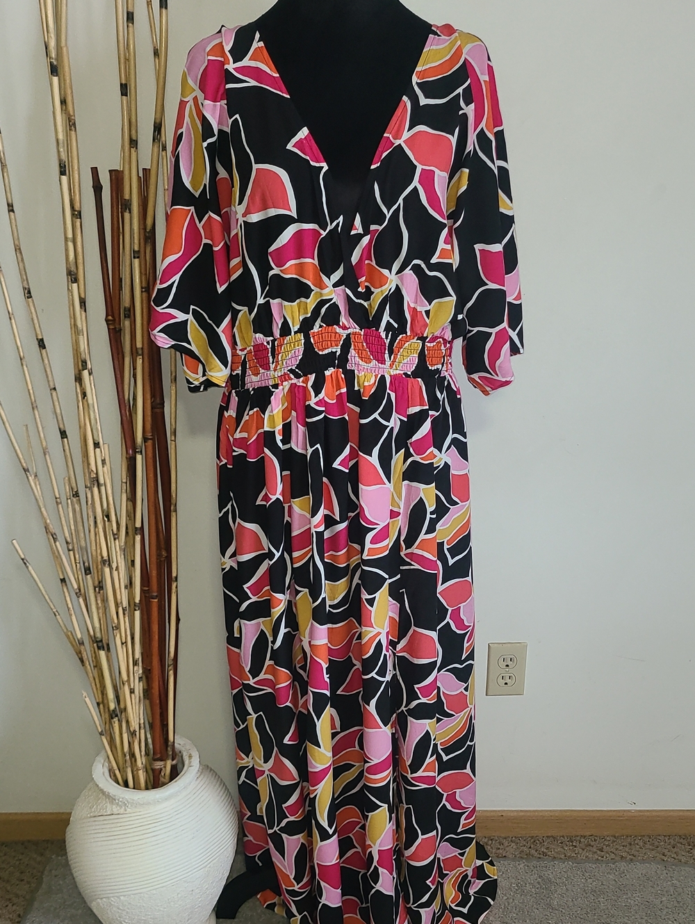 Forever 21 Black Maxi Dress with Pink, Red and Mustard Abstract Print